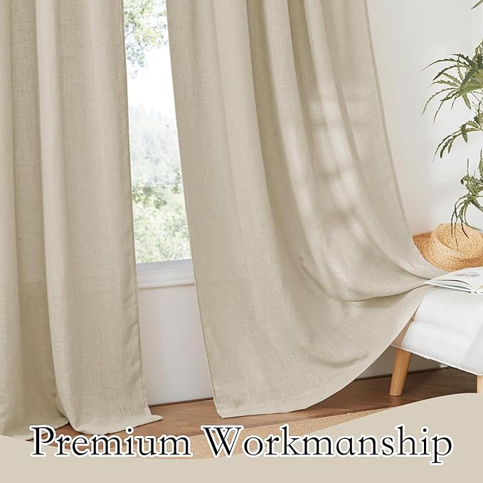 RYB HOME Linen Textured Sheer Curtains 84 inches Long, Privacy Semi-Transparent Sheer Window Curtains for Living Room Bathroom French Door, Deep Beige, W 70 x L 84 inch, 1 Pair