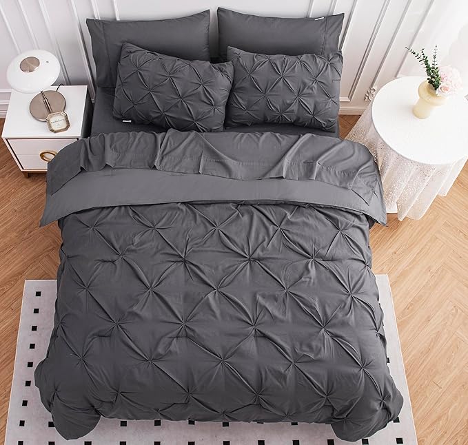 LANE LINEN Queen Comforter Set, 7 Piece Bedding Set, Pillowcases & Shams - Pintuck Comforter & Soft Queen Bed in a Bag Set - Grey
