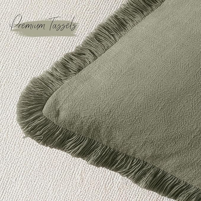 Woaboy Decorative Linen Fringe Throw Pillow Covers Boho Farmhouse Soft Euro Accent Pillowcases with Tassels Christmas Home Decor for Livingroom Couch Sofa Bed,24x24 Inch Set of 2,Olive Green