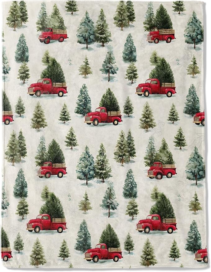 Christmas Decorative Blanket, Vintage Red Truck and Tree Print Throw Decoration, Soft Flannel Winter Blankets for Couch Bed Sofa, Holiday Home Decor, Xmas Festival Gifts White 60x80 Inch