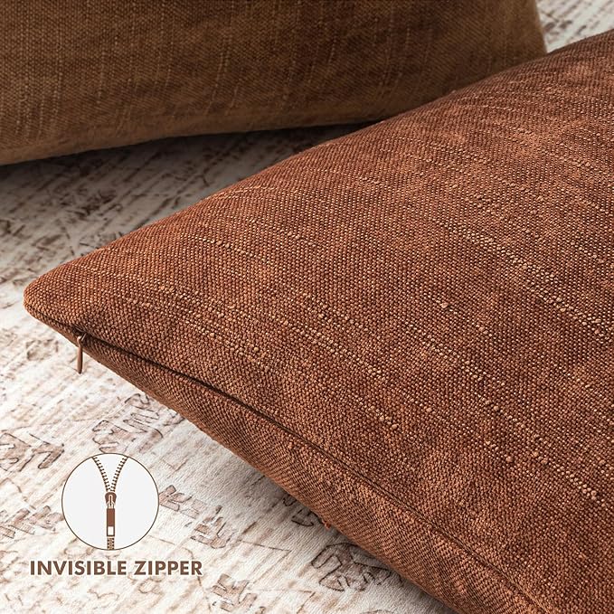 Woaboy Set of 2 Textured Throw Pillow Covers Decorative Soft Accent Chenille Fall Pillowcases Neutral Farmhouse Cushions Modern Home Decor for Couch Sofa Bedroom Living Room 22x22 Inch,Brown Rust