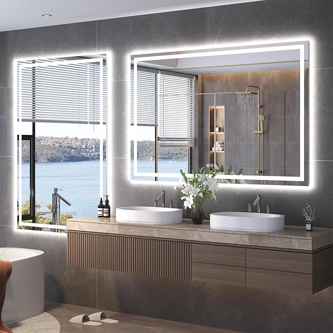 60"X40" LED Bathroom Mirror with Front Lights and Backlit, Anti-Fog, Dimmable, Shatter-Proof Tempered Glass, Lighted Bathroom Vanity Mirror for Wall with 3 Colors, Memory Function