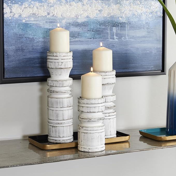 Deco 79 Wood Decorative Candle Holder Candle Stand, Set of 3 Candlestick Holder 14", 11", 8" H, White
