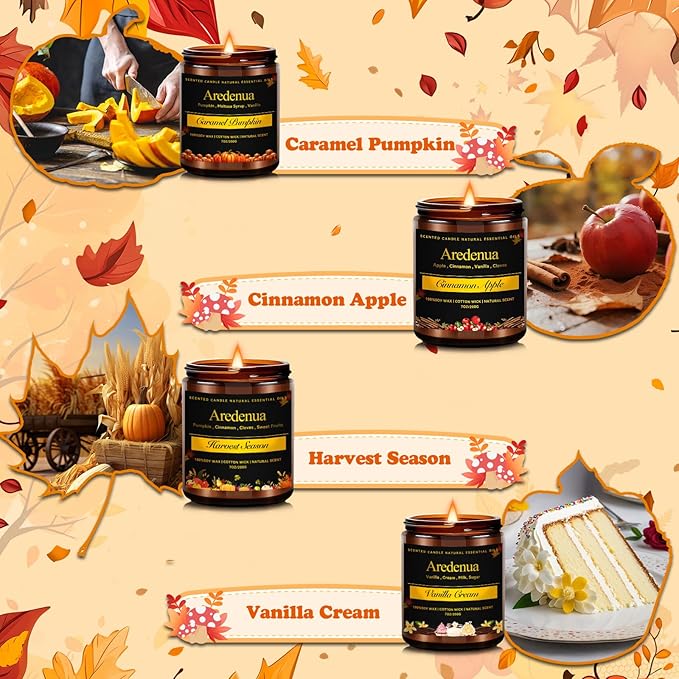 Fall Candles Set | 4 Pack Autumn Scented Candles - Fall Candle Gifts for Women Men, Soy Candles for Home Scented - Autumn Scent of - Pumpkin/Cinnamon Apple/Harvest/Vanilla Cream