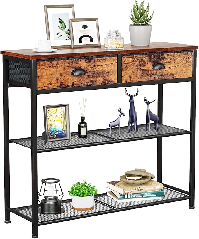 Furologee Console Sofa Table with Storage Shelf for Entry Way, Small 30'' Entryway Table with 2 Fabric Drawers, Industrial Display Shelves for Hallway, Entrance, Foyer, Rustic Brown