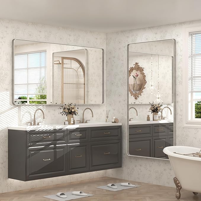 60x30 Silver Bathroom Mirror, Brushed Metal Framed Mirror for Vanity, Rounded Corner Rectangle Mirror for Wall, Anti- Rust, Shatterproof (Horizontal/Vertical)