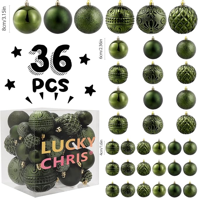Christmas Ball Ornaments Dark Green Christmas Tree Decorations with Hang Rope-36pcs Shatterproof Christmas Ornaments Set with 6 Styles in 3 Sizes(Small Medium Large)