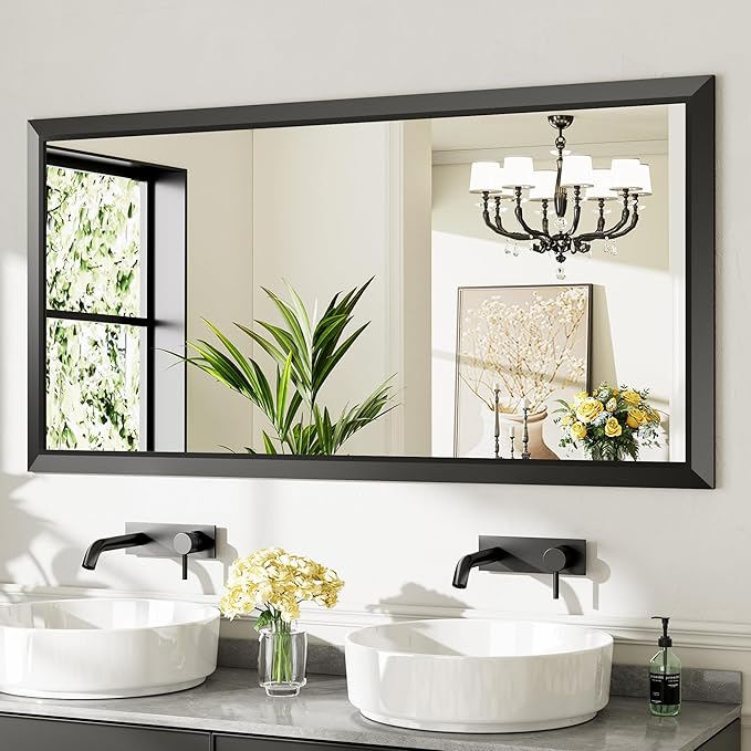60x30 Inch Black Bathroom Mirror for Wall, Thick Metal Framed Rectangle Mirrors for Over Sink, Bedroom, Living Room, Entryway, Anti-Rust, HD Tempered Glass