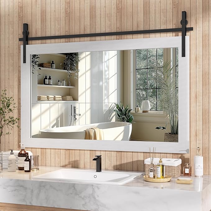 Hasipu Farmhouse Bathroom Mirror, 40"x26" Rustic Wood Framed Wall Mounted Mirror, White Vintage Vanity Mirror Barn Door Style Decrative Mirrors