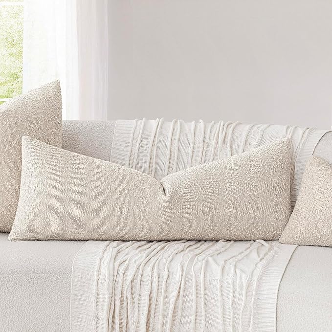 Foindtower Decorative Textured Boucle Throw Pillow Covers Accent Solid Pillow Cases Neutral Long Body Lumbar Couch Cushion Case for Chair Sofa Bedroom Living Room Home Decor 14x36 Inch,1PC,Light Beige