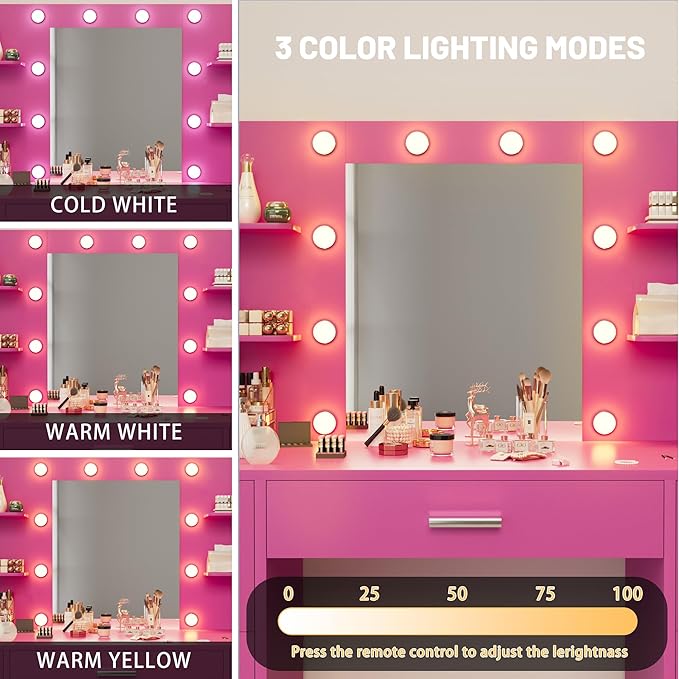 Furmax Vanity Desk with Mirror, LED Lights and Power Outlet Makeup Vanity Table with 7 Drawers and 6 Storage Shelves Dressing Table for Bedroom Dressing Room (Rose Pink)
