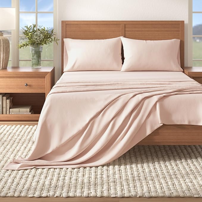 Great Bay Home Flannel Sheet Set California King Size - 100% Turkish Cotton, Double-Brushed, Winter Bed Sheets - Ultra-Soft, Cozy, 4-Piece Bedding Set (Blush Pink)