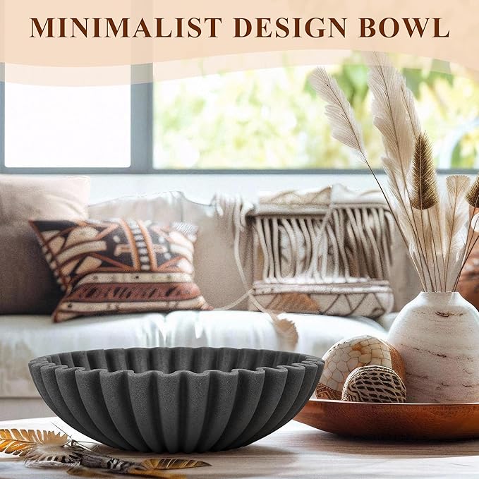 Large Decorative Bowl, Modern Handicraft Bowls for Home Decor, Decorative Fruit Bowl for Kitchen, Ruffle Bowl Decor, Stylish Key bowl for Entry Table, Artificial Stone Black