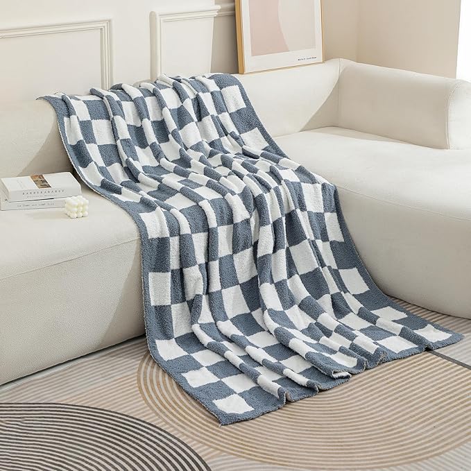 bearberry Fuzzy Checkerboard Grid Throw Blanket Knitted Soft Cozy Warm Microfiber Blanket Decor for Couch Sofa Bed Home Travel (Charcoal Grey, 40''x50'')
