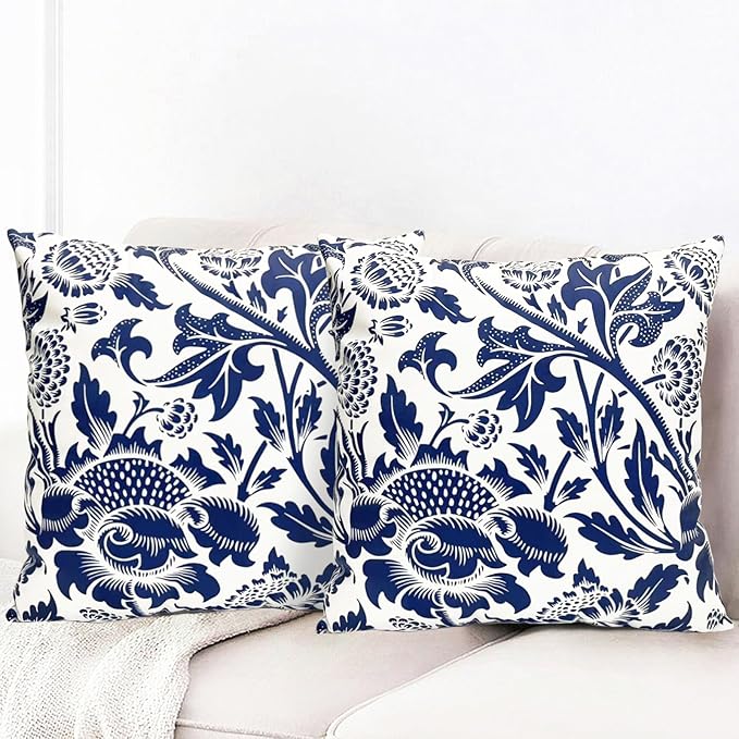 Decorative Throw Pillow Covers Set of 2 Blue Pillow Covers 20x20 inch Short Plush Square Pillows Cover Floral Throw Pillows,Farmhouse Outdoor Pillow Covers for Couch Sofa Bed Living Room