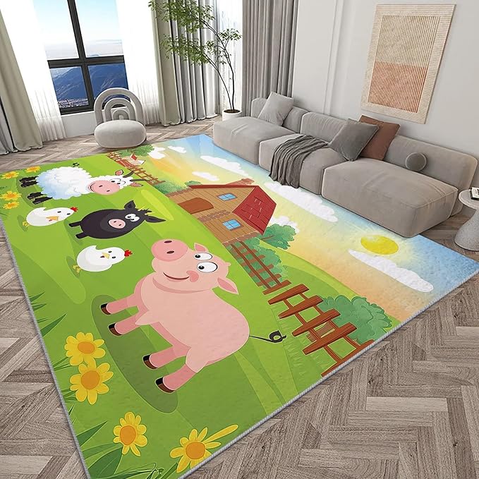 Living Room Area Rug 4x6 ft Cartoon Farm Sheep Pig Washable Non-Slip Area Rug, 3D Print Low-Pile Carpet for Bedroom, Kids Room, Nursery, Home Decor Rugs
