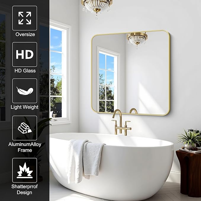 Gold Bathroom Mirror, 42x42 Inch Metal Framed Square Mirror, Rounded Corner Gold Vanity Mirror, Large Wall Mounted Mirrors for Living Room Bedroom Entryway Hangs Horizontal or Vertical
