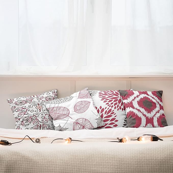 Ambesonne Vintage Throw Pillow Cushion Case Pack of 4, Bohemian Ornamental Leaves Dahlia Pattern Geometric Art Curlicue Motif, Modern Accent Double-Sided Digital Printing, 16", Raspberry Taupe White