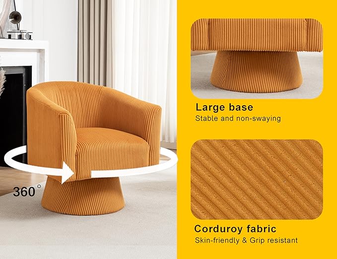 Swivel Accent Chair, Modern 360° Barrel Chair, Corduroy Upholstered Single Sofa for Living Room, Bedroom(Mustard)