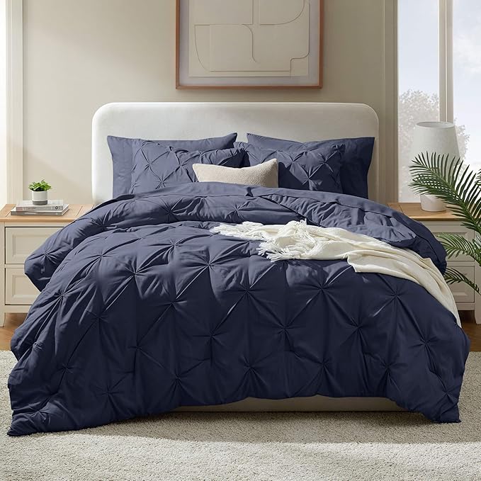 Nestl California King Comforter Set 7 Piece - Pintuck Cal King Comforter Set Navy, California King Bed in a Bag, All Season Bed Set with Flat Sheet and Fitted Sheet, Pillowcases and Shams
