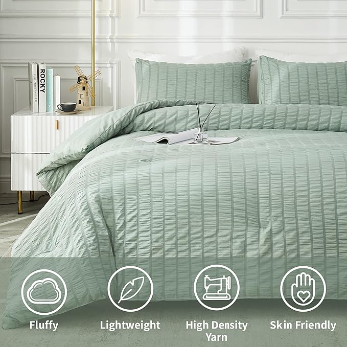 AveLom Sage Green Seersucker Full Comforter Set (80x90 inches), 3 Pieces - 100% Soft Washed Microfiber Lightweight Comforter with 2 Pillowcases, All Season Down Alternative Comforter Set for Bedding