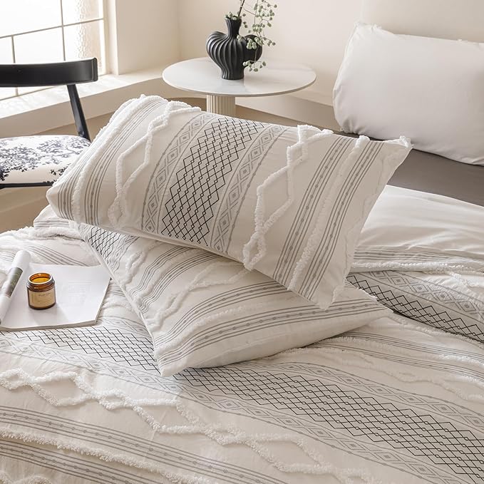 KAREVER Ivory Black Boho Comforter Set Full Mixed Textures Jacquard Bedding Set Durable Chic and Stylish Bedroom Set