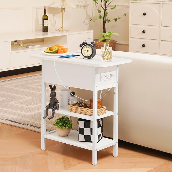 Yoobure End Table with Charging Station, Flip Top Side Table with USB Ports and Outlets, Sofa Couch Table Bedside Table for Living Room Bedroom, Narrow Nightstand with Storage Shelves for Small Spaces