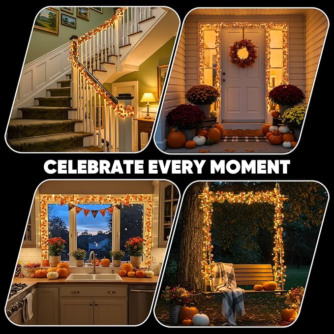 suddus Vine with Fairy Lights Battery Operated, 33ft 100 LED Eucalyptus Leaf String Lights with Remote, Dimmable Fall Garland with Lights for Bedroom Indoor Thanksgiving Christmas Decor (Warm White)