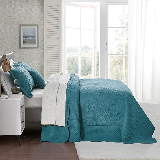 HZ & HY Oversized King Bedspread, Ultrasonic Coverlet Bedding Set, Lightweight Thin Comforter, Reversible, 5 Piece, 100% Microfiber, Lagoon