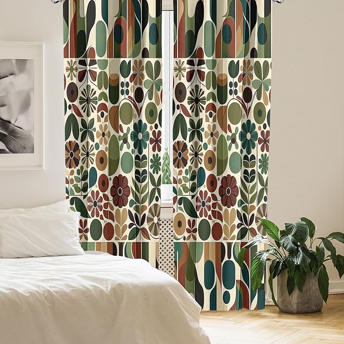 Ambesonne Scandinavian Window Curtains Pack of 2, Abstract Geometric Art of Leaves and Flowers with Bohemian Feel, Lightweight Set with Rod Pocket, 4 Panels of - 28" x 63", Olive Green Redwood Beige