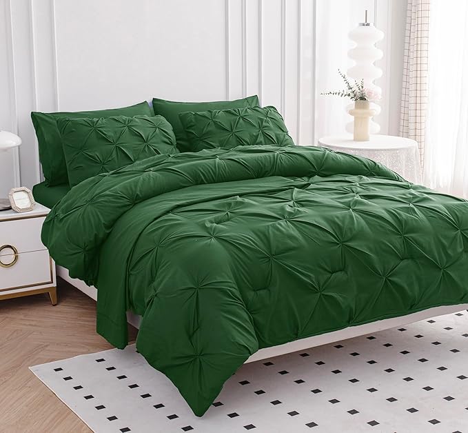 LANE LINEN Queen Comforter Set - 7 Pieces Pintuck Bed in A Bag, Queen Bed Set with Comforters, Sheets, Pillowcases & Shams, Bedding Set - Olive Green