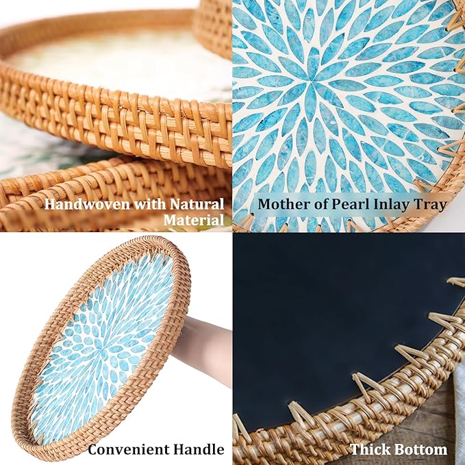 Round Rattan Tray with Mother of Pearl Inlay, Rattan Serving Tray for Coffee, Bread, Fruits, Decorative Wicker Tray for Table Decor, Home Decor, Kitchen Island Decor (Turquoise Leaf, 11.8")