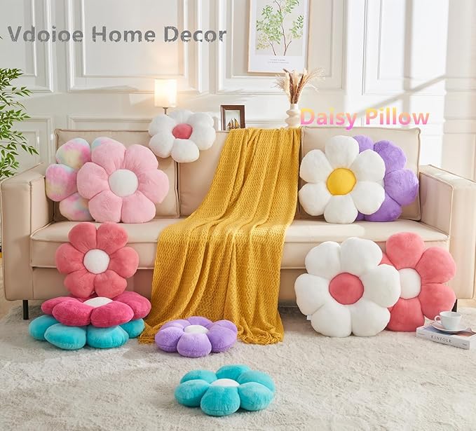 Purple Flower Pillow, Daisy Shaped Throw Pillow 15.7In, Cute Flower Seating Cushion for Sofa, Couch, Bed