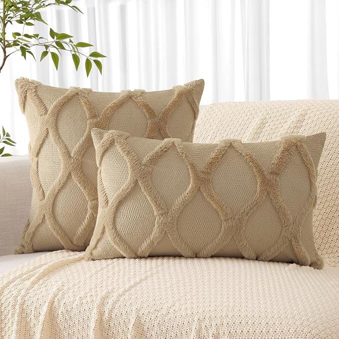 decorUhome Throw Pillow Covers 16x16 Inch Set of 2, Soft Plush Faux Fur Wool Khaki Couch Pillow Covers, Decorative Neutral Pillow Cases for Bed Sofa Living Room Home Decor