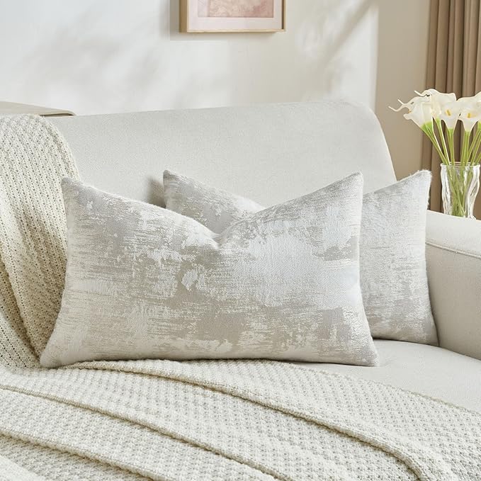 FUTEI Beige White Decorative Throw Pillow Covers 12x20 Inch Set of 2,Soft Faux Cashmere Jacquard - Textured & Cozy Pillow Case,Modern Home Decor for Couch Bed Living Room