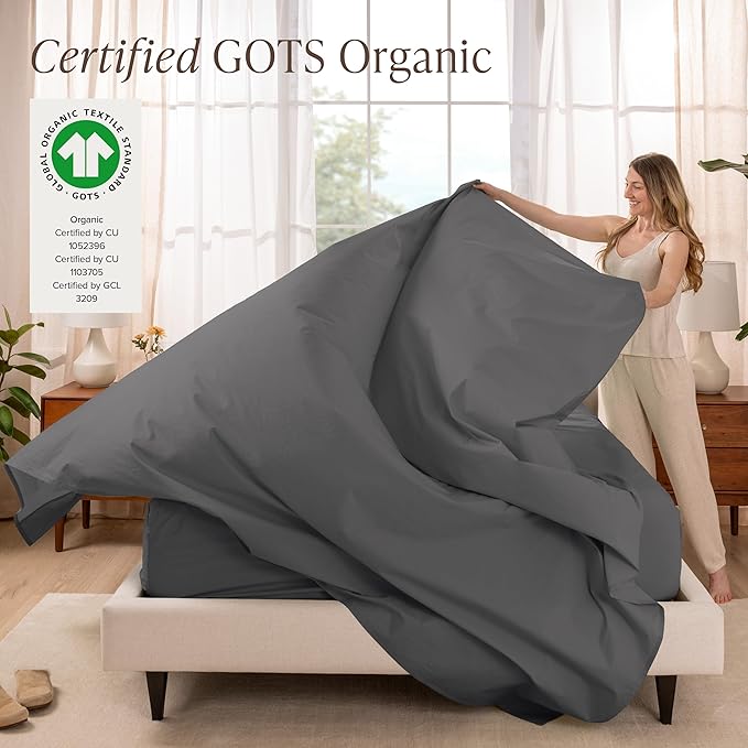 Bare Home 100% Organic Cotton Twin Sheet Set - Crisp Percale Weave - Lightweight & Breathable - Bedding Sheets & Pillowcases (Twin, Grey)