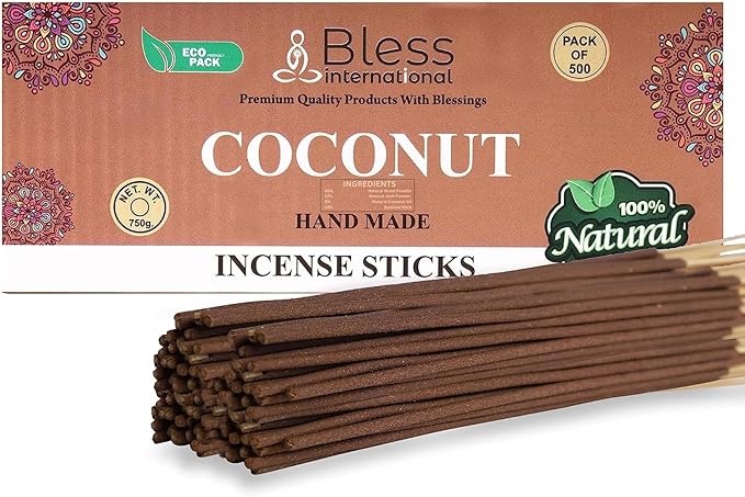 Bless-Coconut 100%-Natural-Handmade-Hand-Dipped-Incense-Sticks Organic-Chemicals-Charcoal-Free Purification-Relaxation-Positivity-Yoga-Meditation Best-Woods-Scent (500 Sticks(26 OZ))
