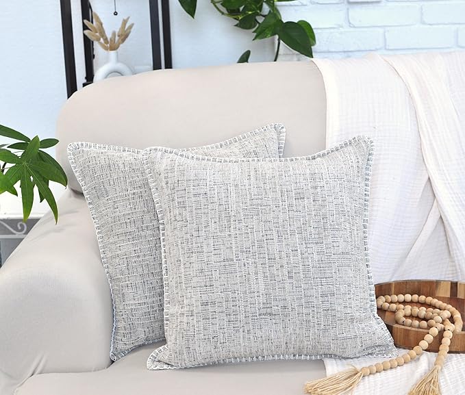 16x16 Pillow Covers Cream White & Black Set of 2, Decor Pillow Covers Square, Textured Soft Chenille Deco Cushion Covers with Trim Edge, Decorative Modern Pillows Cases for Couch Living Room Sofa