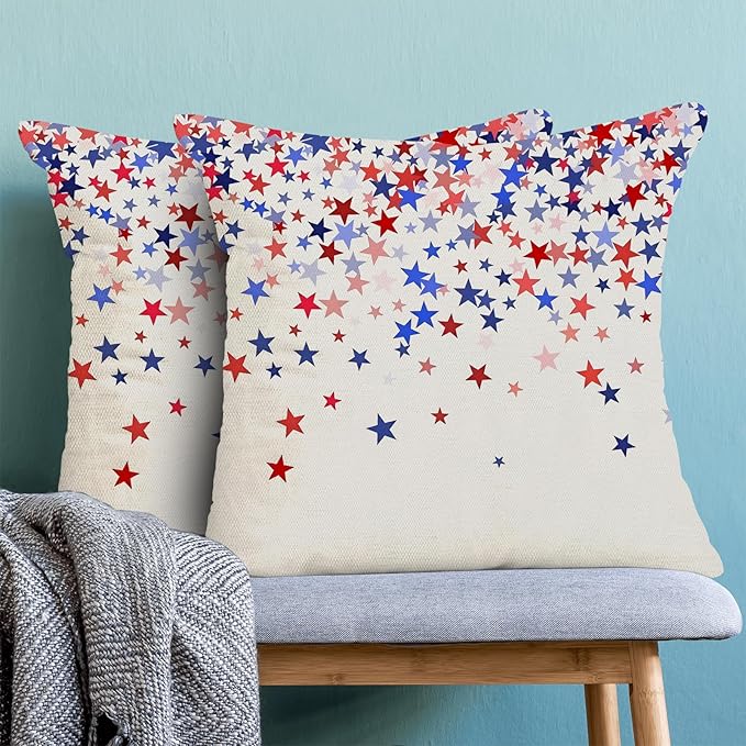 4th of July Pillow Covers 16 x 16 Inch, Red Blue White Patriotic Star Outdoor Decor Throw Pillows for Couch Bed, Independence Day Memorial Day Decorative Pillowcase Linen Cushion Cover Set of 2