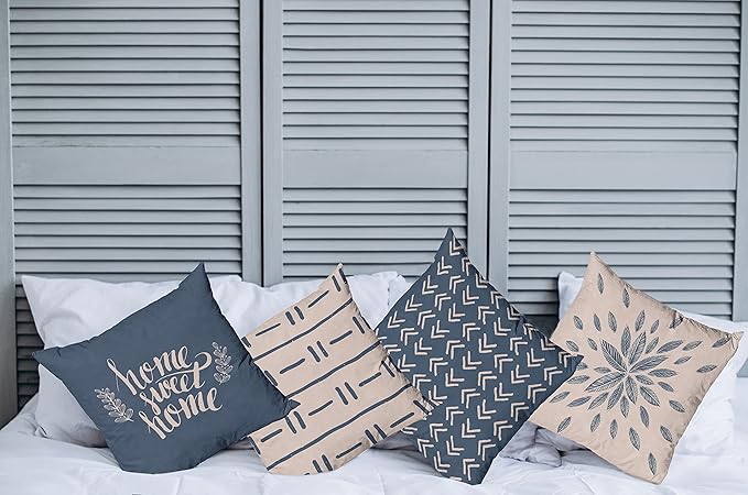 Ambesonne Modern Throw Pillow Cushion Case Pack of 4, Scandinavian Minimal Ornaments Boho Feather Leaves and Home Phrase, Modern Accent Double-Sided Digital Printing, 24", Pale Tan and Slate Blue