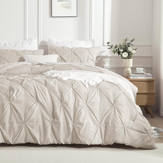 Andency Beige Comforter Set Full(79x90Inch), 3 Pieces Lightweight and Soft Comforter Set, All Season Microfiber Pinch Pleat Bedding