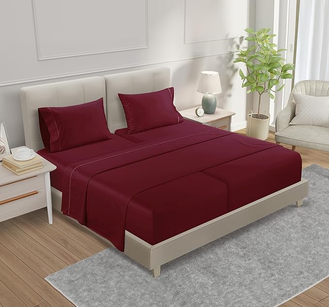 Split King Sheet Set, 100% Cotton Bed Sheets Split King Size Sheets Deep Pocket Set, 800 TC Sateen Weave 4 Piece Luxury Bedding, Soft Breathable Machine Washable All Season Comfort – Burgundy