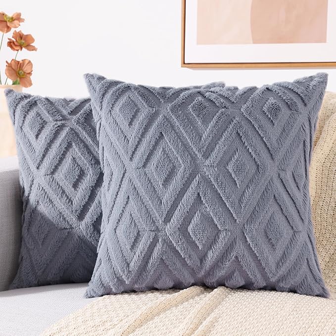 decorUhome Couch Throw Pillow Covers 16x16 Set of 2, Decorative Soft Plush Faux Wool Neutral Accent Pillow Covers for Bed Sofa Living Room, Blue Grey