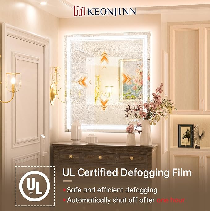 Keonjinn LED Bathroom Mirror 32" x 36" Frontlit and Backlit, Large Stepless 3 Colors Temperature & Dimmable Wall Mirror, UL Listed LED Driver Double LED Strip, Anti-Fog Frameless Tempered Glass Mirror