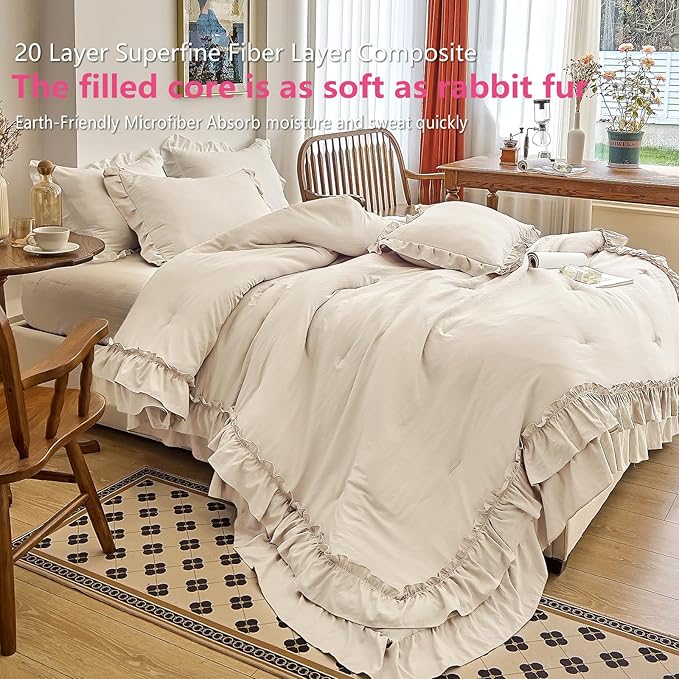 AIKASY Camel Ruffle Comforter Queen, 3 Pieces Vintage Ruffle Fringe Comforter, Farmhouse Rustic Microfiber Down Alternative Bedding Comforter Set (1 Comforter + 2 Pillow Shams)