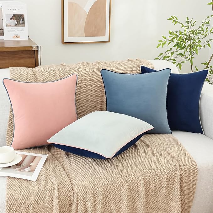 Mecatny Set of 4 Velvet Throw Pillow Covers 20x20, Soft Colorful Accent Decorative Couch Pillow Covers for Sofa Bedroom Living Room, Blue/Pink