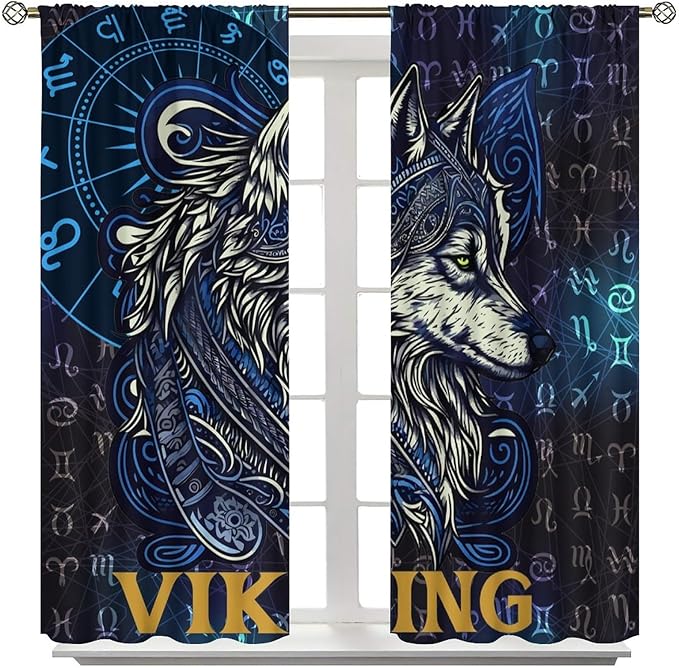 Viking Wolf Curtains Blue Rune Nordic Gothic Animal Curtains Dark Ancient Totem Mythological Pattern Printed Curtains Boys Bedroom Living Room Decoration Blackout Curtains W42 * L63 Inch