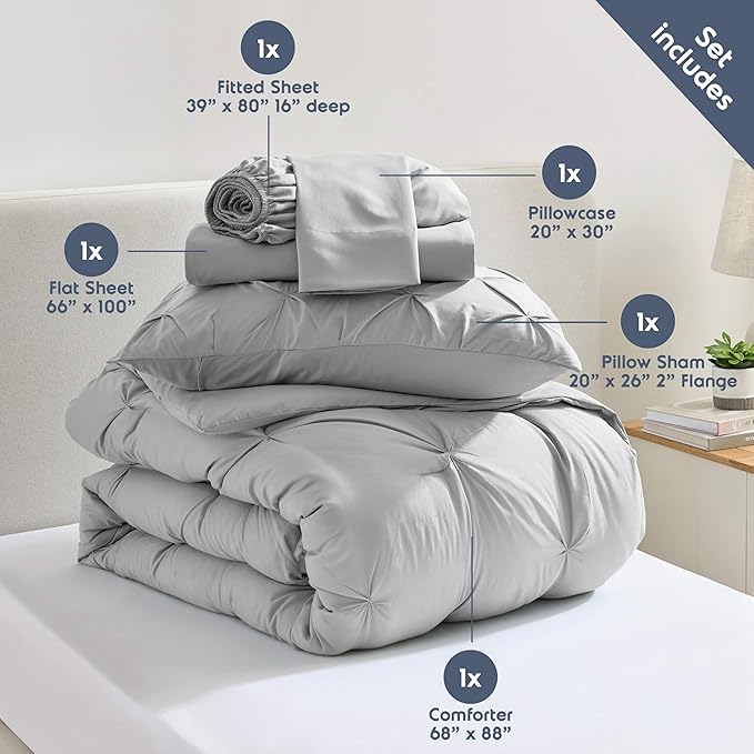 Nestl Twin XL Comforter Set 5 Piece - Pintuck Twin XL Bedding Set Light Grey, College Dorm Room Essentials Bed in a Bag, Twin XL Comforter Set for College Girls & Boys with Sheets, Pillowcase and Sham