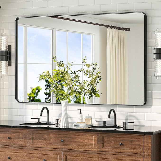 TETOTE Black Vanity Mirror 48 x 30 Matte Black Bathroom Mirrors, Tempered Glass, Modern Farmhouse Wall Mounted Mirror for Decorative(Horizontal/Vertical)