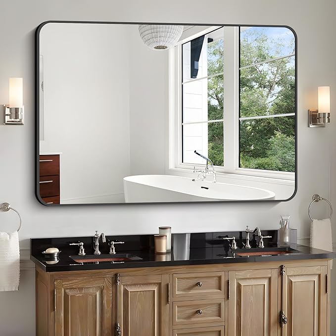 Bathroom Mirror, 48x36 inch Black Rectangle Wall Mirror, Metal Frame Rounded Corner Vanity Mirror, Large Wall Mounted Mirror for Over Sink Bedroom Living Room Horizontal Or Vertical Mounting
